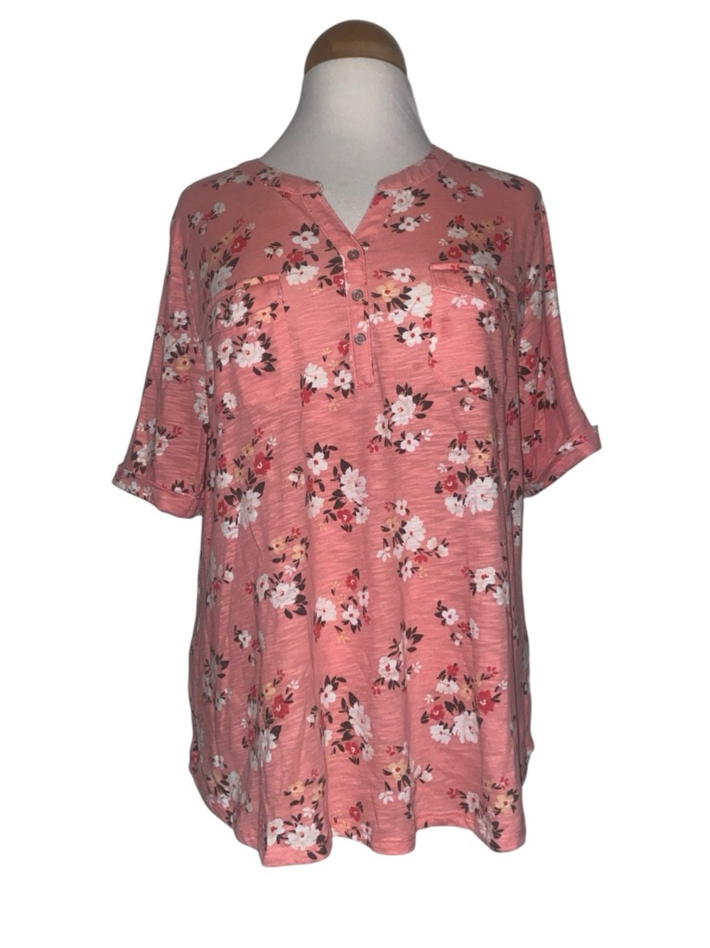 Croft & Barrow Top Womens XXL Floral Short Sleeve 1/4 Button Knit Pullover